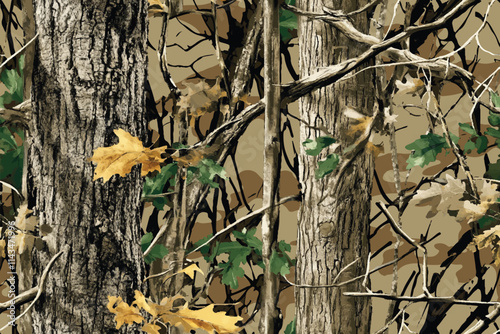 Seamless hunting camouflage pattern with tree bark and leaves in green and brown. Hunting camo. Digital camouflage pattern. Abstract camouflage