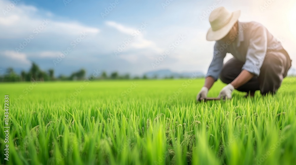 Farmer Inspecting a Healthy Green Rice Field Under Clear Blue Skies and Bright Sunlight, Demonstrating Sustainable Agriculture Practices and Crop Care Farmer Inspecting a Healthy Green Rice Field Under Clear Blue Skies and Bright Sunlight, Demonstrating Sustainable Agriculture Practices and Crop Care