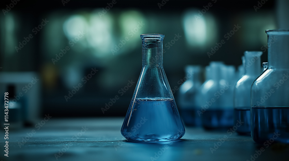 Closeup of a laboratory flask containing blue liquid, placed on a dark surface with blurred bottles in the background. Closeup of a laboratory flask containing blue liquid, placed on a dark surface with blurred bottles in the background.