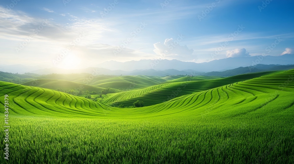 Lush Green Rolling Hills Under Bright Sky with Sunlight Illuminating Vibrant Landscape and Majestic Mountains in Background during Late Afternoon Lush Green Rolling Hills Under Bright Sky with Sunlight Illuminating Vibrant Landscape and Majestic Mountains in Background during Late Afternoon
