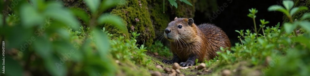 Naklejka premium A beaver is concealed in the underbrush of a forest, bush, animal hideout