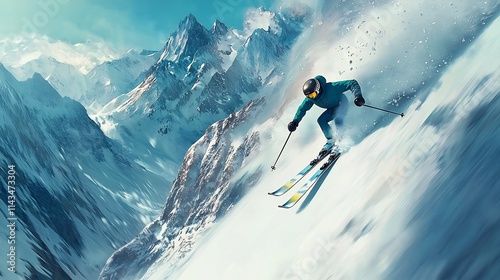 Skier Gliding Down Snowy Mountain Slope with Precision and Soft Pastel Hues