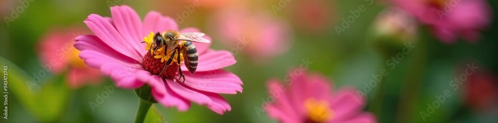 A bee landing on a long thin pink zinnia flower petal, bee, yellow A bee landing on a long thin pink zinnia flower petal, bee, yellow