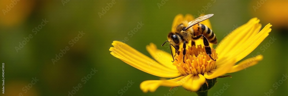 A bee collecting pollen from a bright yellow flower in a garden, its hairy body covered in dust and debris, nature, insects A bee collecting pollen from a bright yellow flower in a garden, its hairy body covered in dust and debris, nature, insects