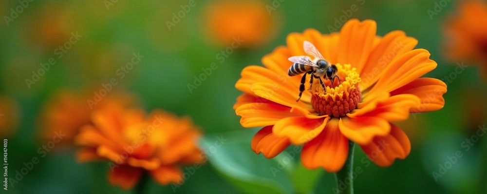A bee hovering around a bright orange zinnia flower, bees, nature A bee hovering around a bright orange zinnia flower, bees, nature