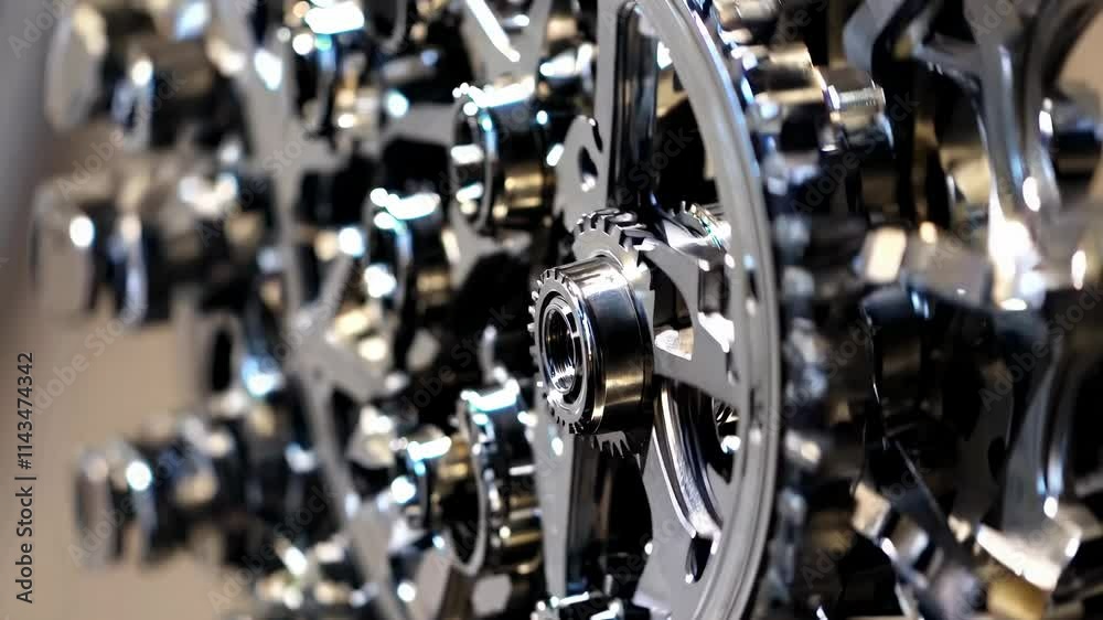 Mechanical close-up with reflective gear parts, glass shards overlay on industrial background, for mechanical design or advertising