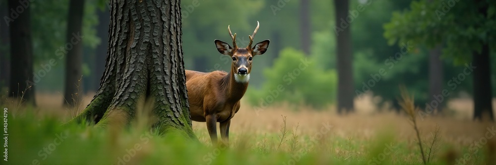 A blacktail buck peeks out from behind a tree in a dense forest, nature, woodland, tree A blacktail buck peeks out from behind a tree in a dense forest, nature, woodland, tree