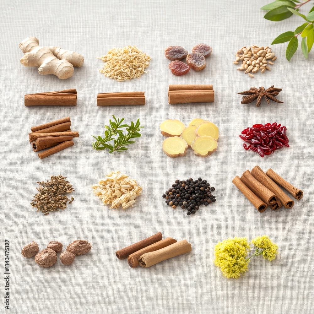 A Vibrant Display of Various Spices and Herbs Arranged Artfully on a Textured Surface Showcasing Fresh Ingredients for Culinary Inspiration and Cooking Delight A Vibrant Display of Various Spices and Herbs Arranged Artfully on a Textured Surface Showcasing Fresh Ingredients for Culinary Inspiration and Cooking Delight