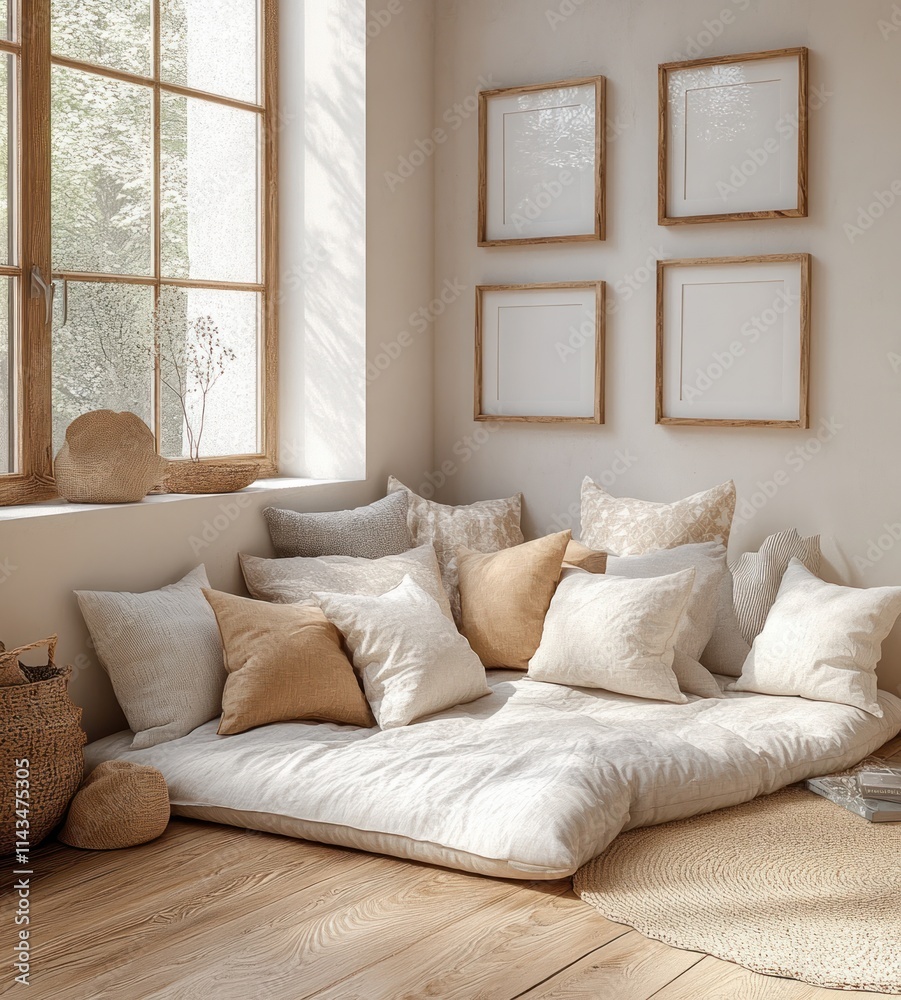 Scandinavian Inspired Cozy Bedroom Scene with Natural Wooden Furniture and Plush Pillows in Minimalist Style Scandinavian Inspired Cozy Bedroom Scene with Natural Wooden Furniture and Plush Pillows in Minimalist Style