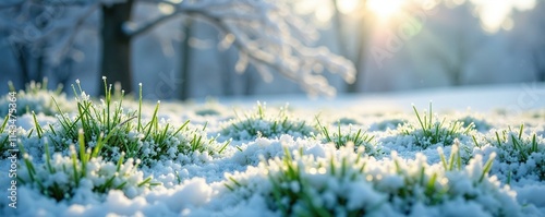 A blanket of snow covers the vibrant green grass, transforming it into a serene winter landscape with a tranquil feel, frost, serene