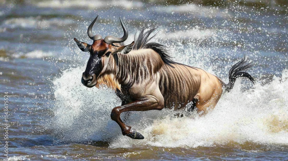 Obraz premium A close-up view of wildebeest crossing the Mara River in Serengeti National Park. The animals leap through the water,