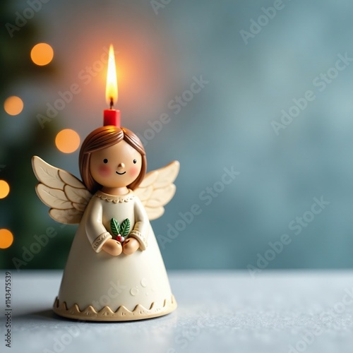 Angel with a Christmas candle on a wooden head, merry and bright, christmas decoration