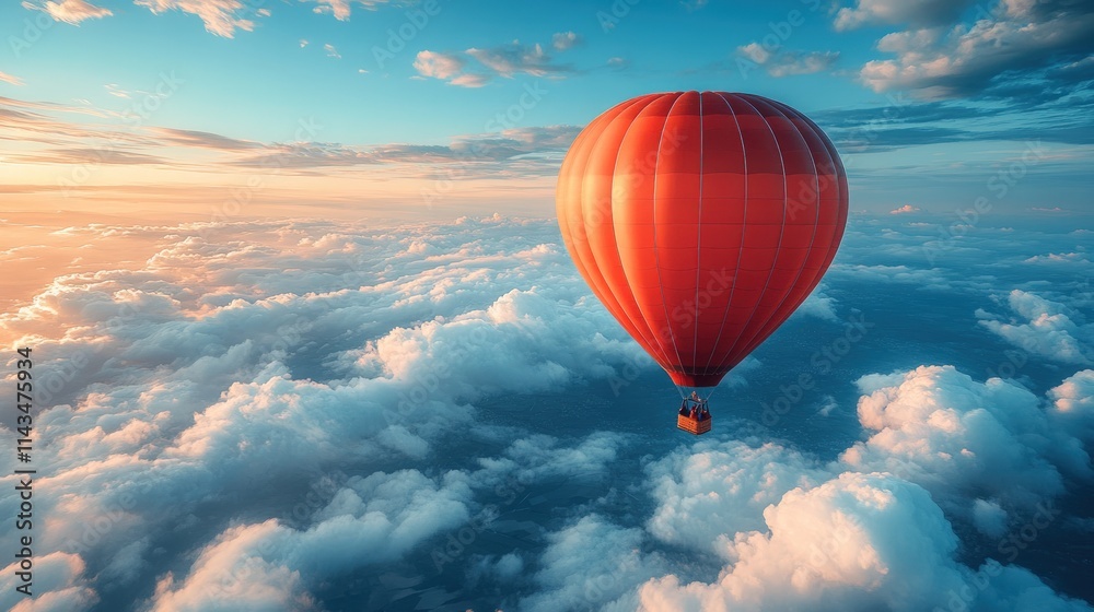 Fototapeta premium Red hot air balloon floats above clouds.