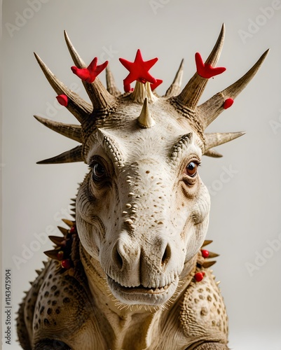 A detailed view of a dinosaur sculpture featuring spikes on its head displayed against a stark white background. photo