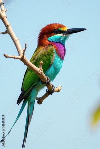 A blue bearded bee eater perched on a thin branch, wildlife photography, feathered bird photo