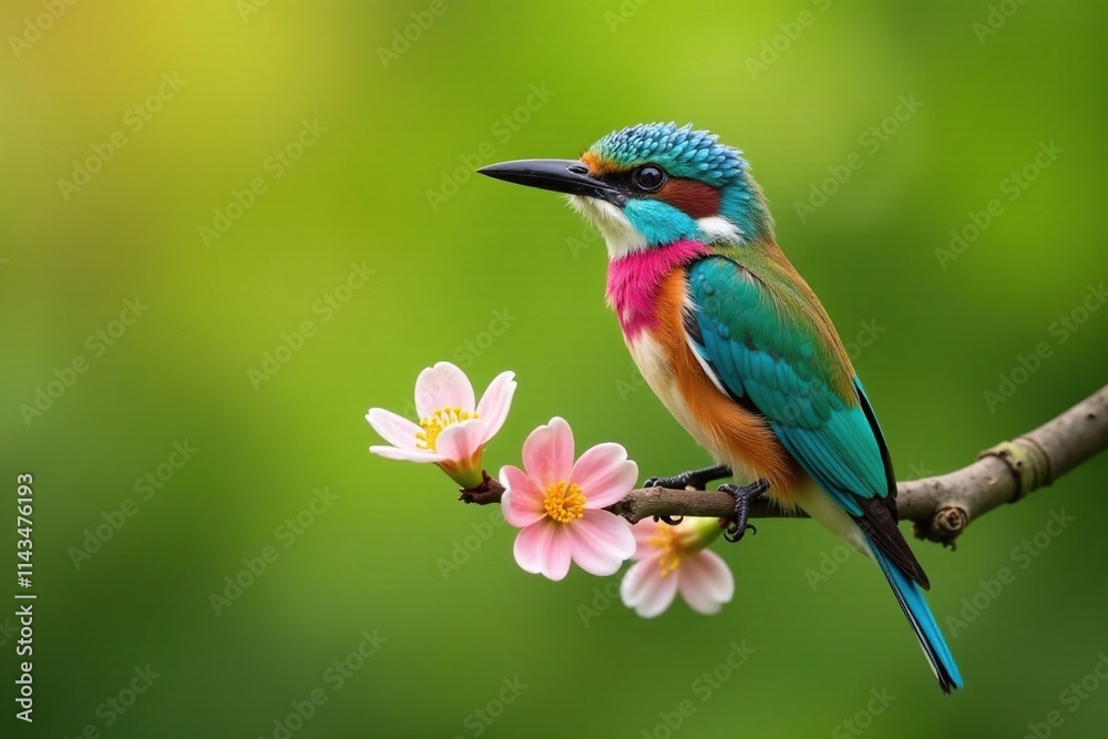 A blue bearded bee eater perched on a thin branch with flowers, avian wildlife, feathers, flowers