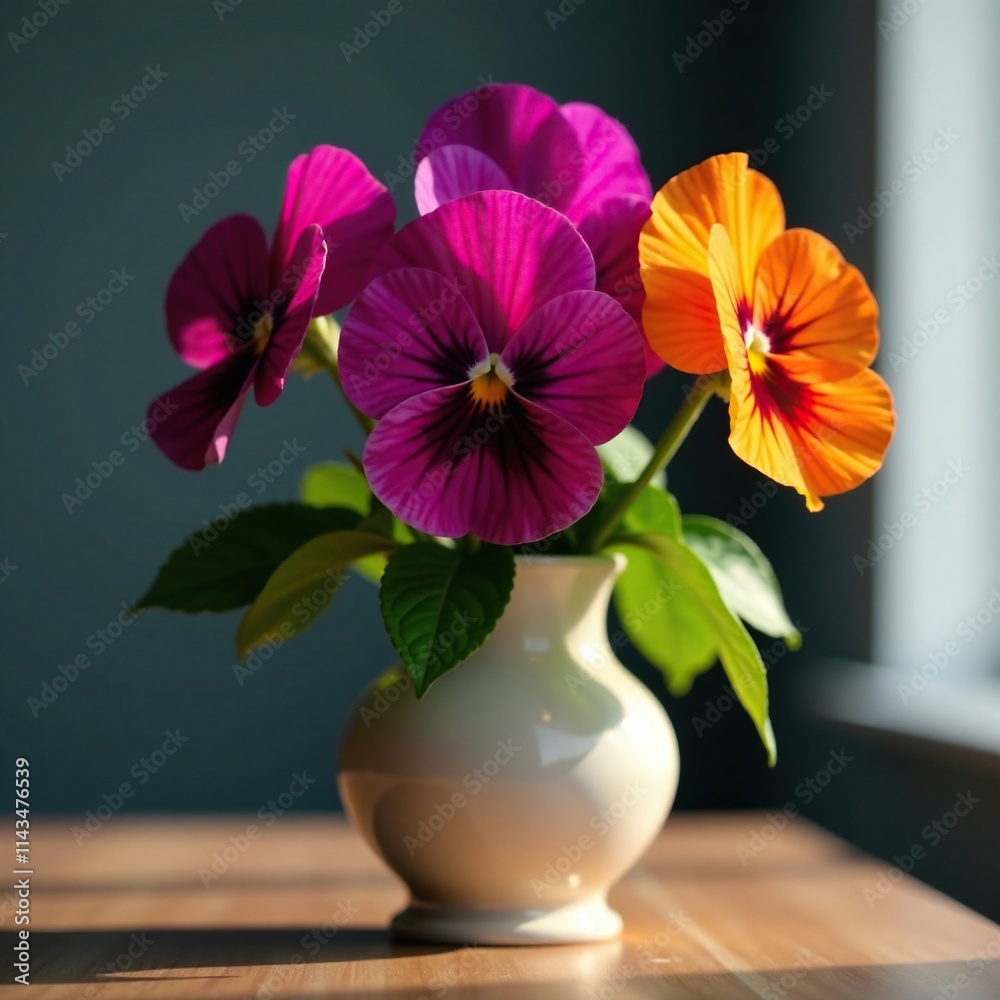 A bouquet of magenta and orange blooming pansy flowers are arranged in a decorative vase with soft focus surrounding the main subject,, selectivity, pansies A bouquet of magenta and orange blooming pansy flowers are arranged in a decorative vase with soft focus surrounding the main subject,, selectivity, pansies