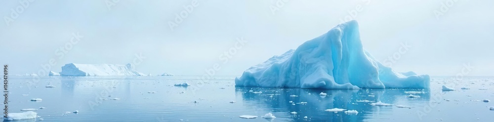 Obraz premium A blue iceberg floating calmly in the vast expanse of white Arctic sea ice, serenity, nature