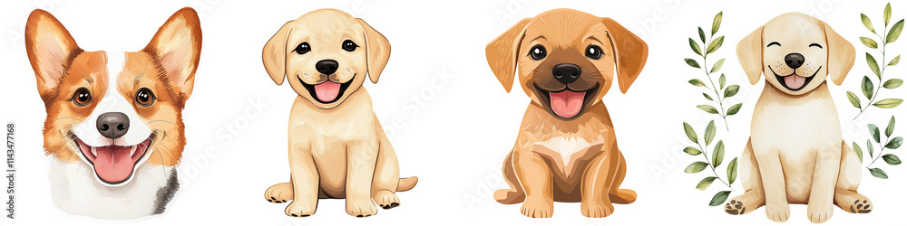 Pet stickers paw and kids, Four cartoon-style dog illustrations showcasing different breeds with happy expressions.