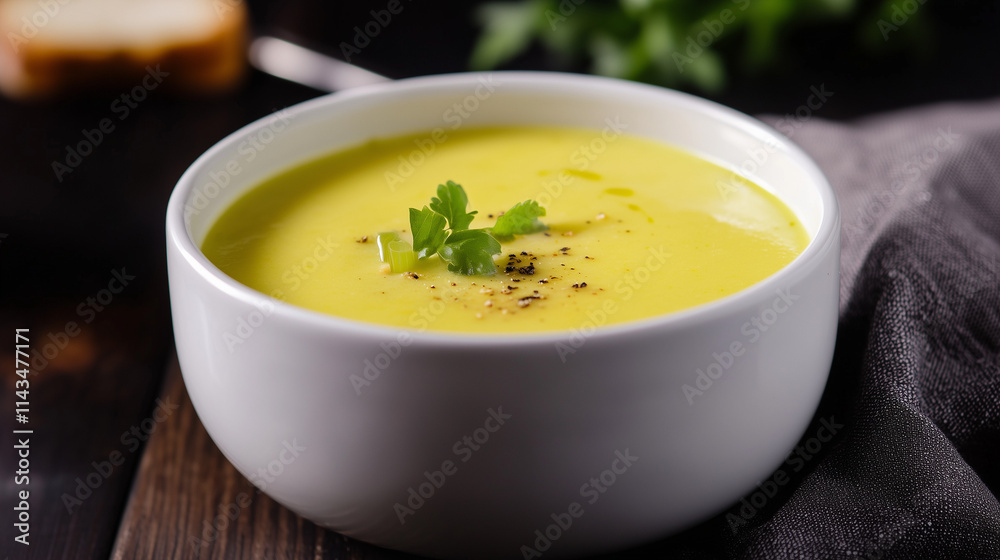 Gourmet winter soup close-up presentation  
