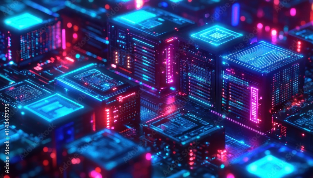 Futuristic Data Center Cyberpunk View of Container Orchestration and Kubernetes Clusters with Neon Lights Futuristic Data Center Cyberpunk View of Container Orchestration and Kubernetes Clusters with Neon Lights