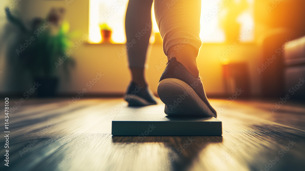 Person performing step exercise on wooden floor with focus on balance and movement, fitness and agility training concept. Person performing step exercise on wooden floor with focus on balance and movement, fitness and agility training concept.