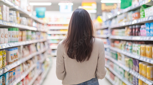 Woman in supermarket aisle:...