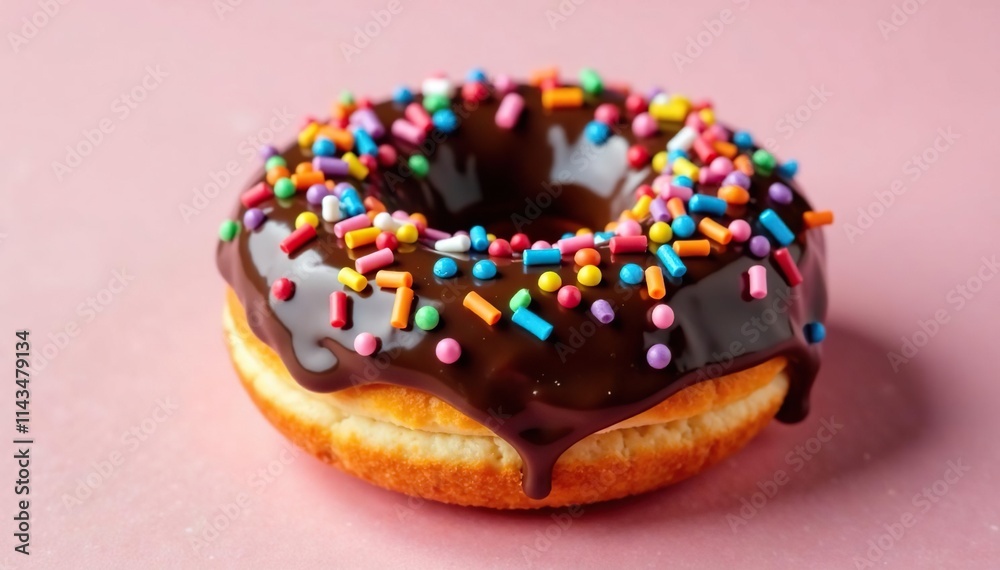 A chocolate donut with a generous helping of rainbow-colored sprinkles on top, baked goods, sugary delight, sweet treat A chocolate donut with a generous helping of rainbow-colored sprinkles on top, baked goods, sugary delight, sweet treat