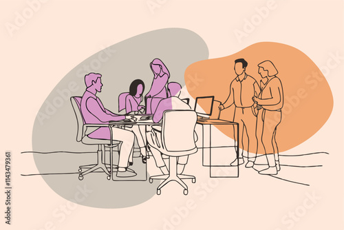 Illustration of a Diverse Team Collaborating in a Modern Workspace Setting