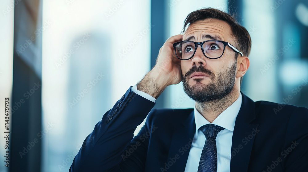 The weight of a decision: A pensive businessman ponders a critical choice in a moment of contemplation. His furrowed brow and hand to his head. The weight of a decision: A pensive businessman ponders a critical choice in a moment of contemplation. His furrowed brow and hand to his head.