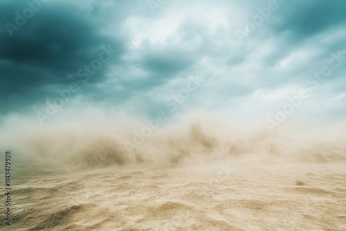 Sandstorm blowing across a desert under a stormy sky. Ideal for illustrating climate change, environmental disaster, or apocalyptic themes. photo