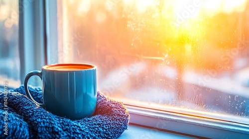 Tranquil Morning Respite A Cozy Coffee Mug on a Sunlit Windowsill