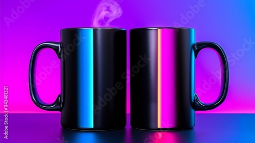 Steaming Black Ceramic Mug in Dimly Lit Pastel Colored Studio