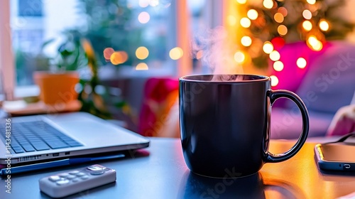 Steaming Ceramic Mug in Softly Lit Home Office