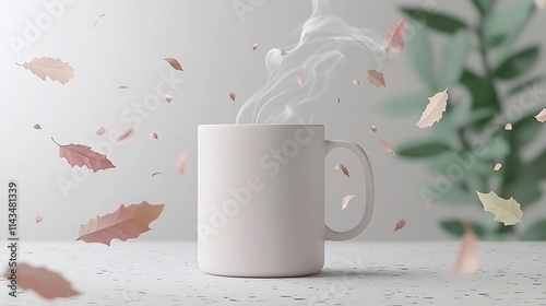 Steaming Mug of Pumpkin Spice Latte Surrounded by Autumn Leaves in Pastel Palette