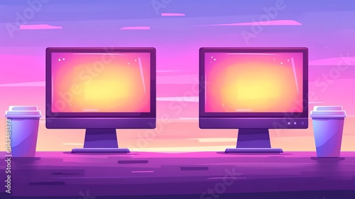 Late Night Office Scene with Glowing Computer Screens and Coffee in Soft Pastel Shades