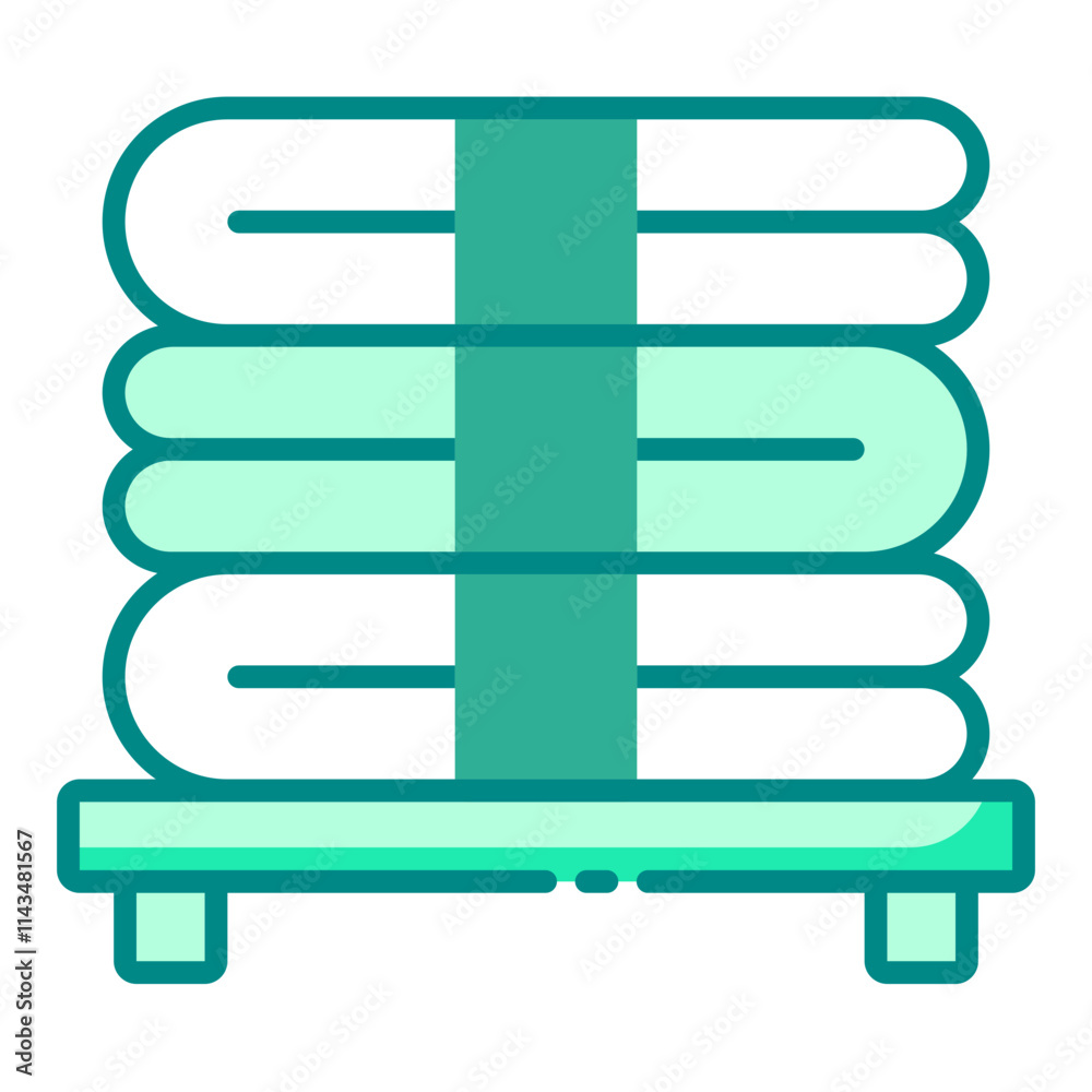 Stacked towel on rack green filled line icon symbolizing bathroom amenities Stacked towel on rack green filled line icon symbolizing bathroom amenities