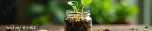 Bean sprouts growing in a glass jar with wet cotton wool and visible roots, wet cotton wool, root development