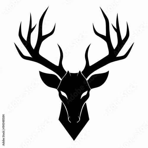 a black silhouette of a pair of deer antlers with head the head.