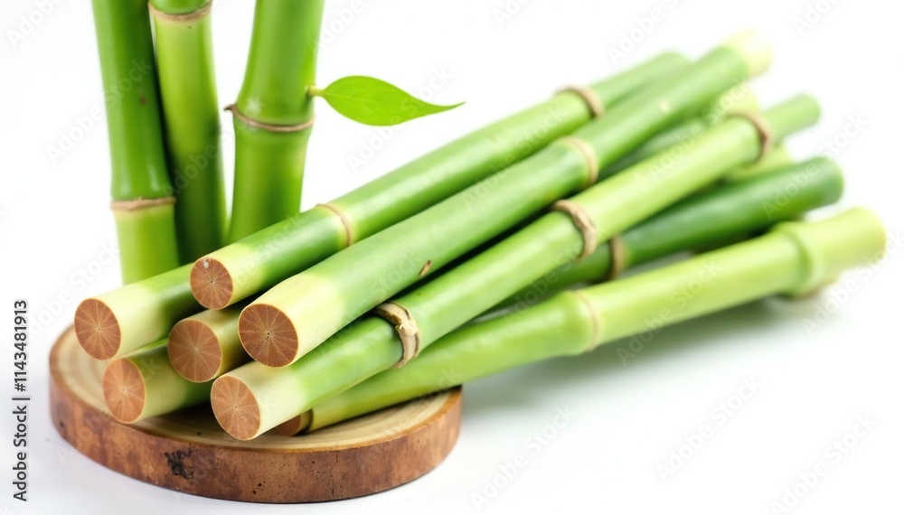 Obraz premium A bundle of fresh bamboo shoots with a rustic wooden base on a white background, shoot, natural