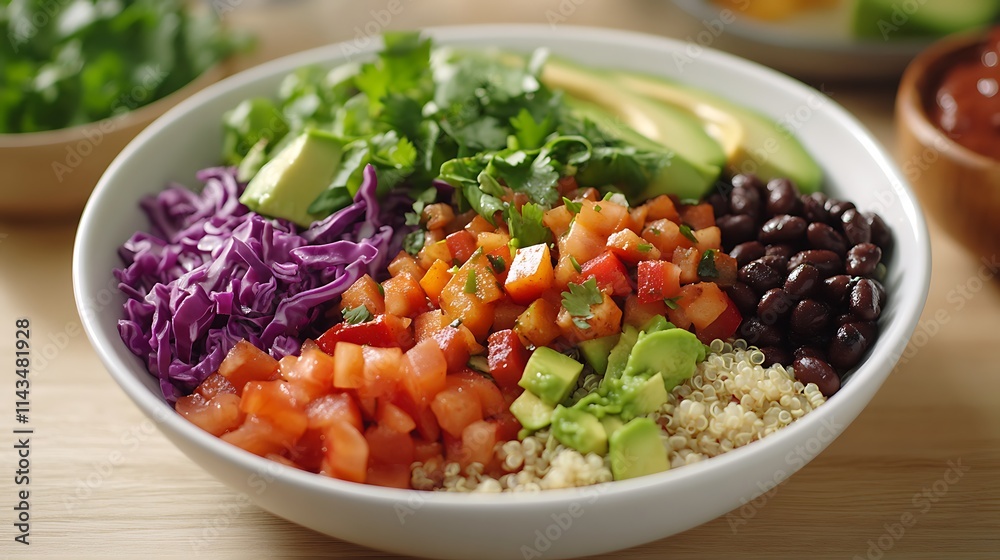 A beautifully styled burrito bowl with quinoa, colorful vegetables like bell peppers and red cabbage, fresh avocado, and black beans, presented in a clean minimalistic setting, A beautifully styled burrito bowl with quinoa, colorful vegetables like bell peppers and red cabbage, fresh avocado, and black beans, presented in a clean minimalistic setting,