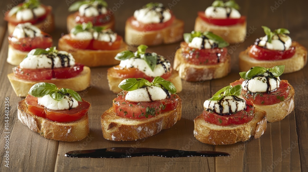 A gourmet bruschetta assortment with empty space at the bottom for text, featuring toasted baguette slices topped with a variety of fresh ingredients like tomatoes, basil, mozzarella, and balsamic A gourmet bruschetta assortment with empty space at the bottom for text, featuring toasted baguette slices topped with a variety of fresh ingredients like tomatoes, basil, mozzarella, and balsamic