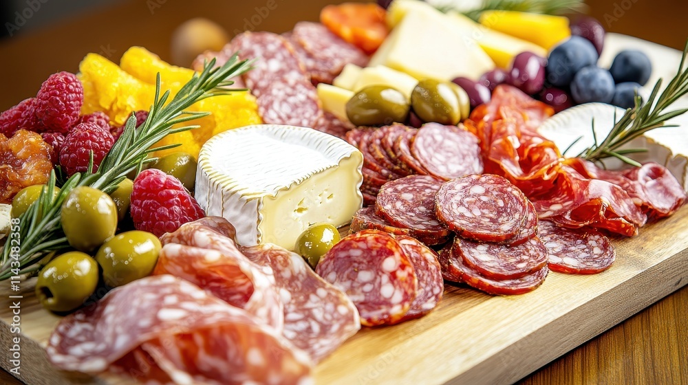 A gourmet charcuterie board with empty space at the bottom for text, featuring an assortment of cured meats, cheeses, olives, and fresh fruits arranged on a wooden board. The elegant presentation A gourmet charcuterie board with empty space at the bottom for text, featuring an assortment of cured meats, cheeses, olives, and fresh fruits arranged on a wooden board. The elegant presentation