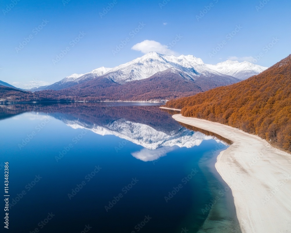 Fototapeta premium Snow-Capped Mountains Reflecting on Tranquil Lake Aerial View of Natural Serenity and Renewal