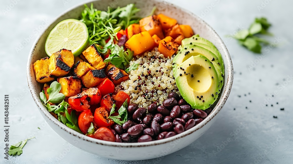 A burrito bowl styled with vibrant quinoa, grilled vegetables, creamy avocado slices, black beans, and lime wedges, clean white dish set on a bright marble surface, soft natural lighting, A burrito bowl styled with vibrant quinoa, grilled vegetables, creamy avocado slices, black beans, and lime wedges, clean white dish set on a bright marble surface, soft natural lighting,