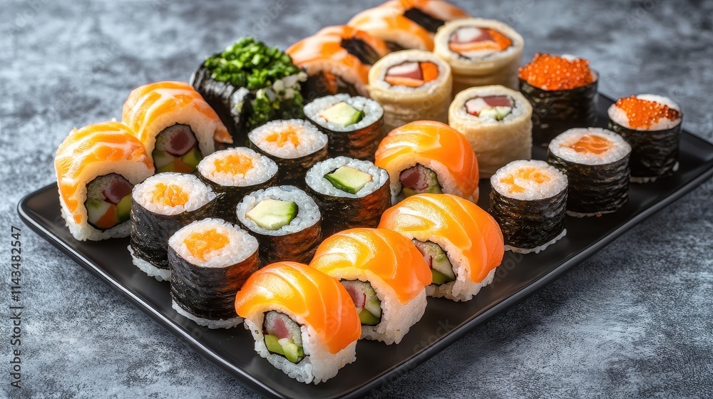 A gourmet sushi roll assortment with space on the right side for text, featuring a variety of colorful and intricately rolled sushi pieces arranged on a sleek plate. The fresh ingredients and A gourmet sushi roll assortment with space on the right side for text, featuring a variety of colorful and intricately rolled sushi pieces arranged on a sleek plate. The fresh ingredients and
