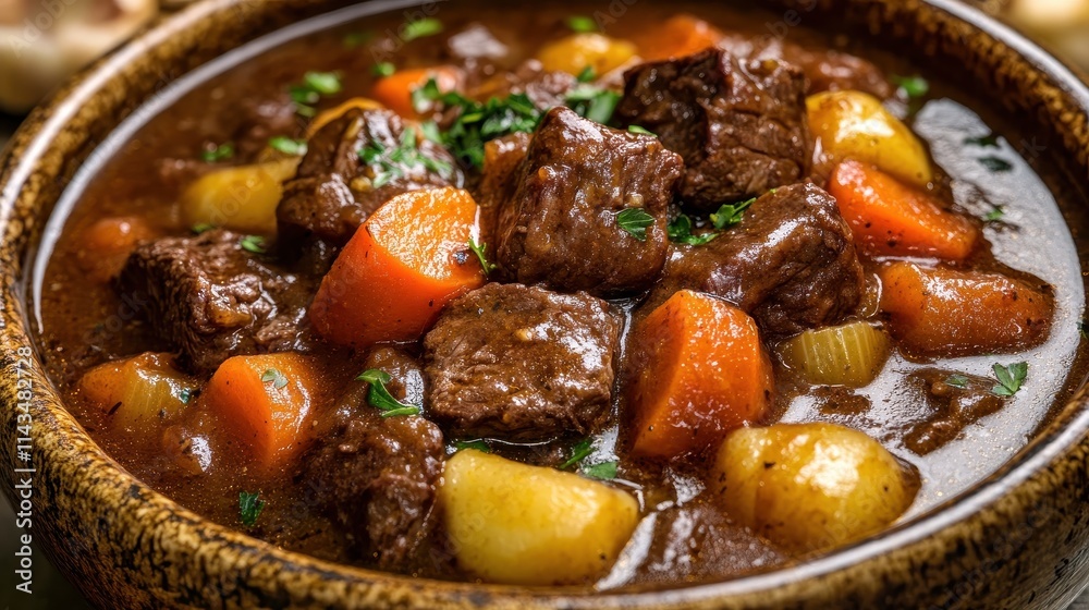 A hearty beef stew with space on the left side for text, featuring tender chunks of beef, vegetables, and rich broth served in a rustic bowl. The warm colors and comforting appearance highlight A hearty beef stew with space on the left side for text, featuring tender chunks of beef, vegetables, and rich broth served in a rustic bowl. The warm colors and comforting appearance highlight