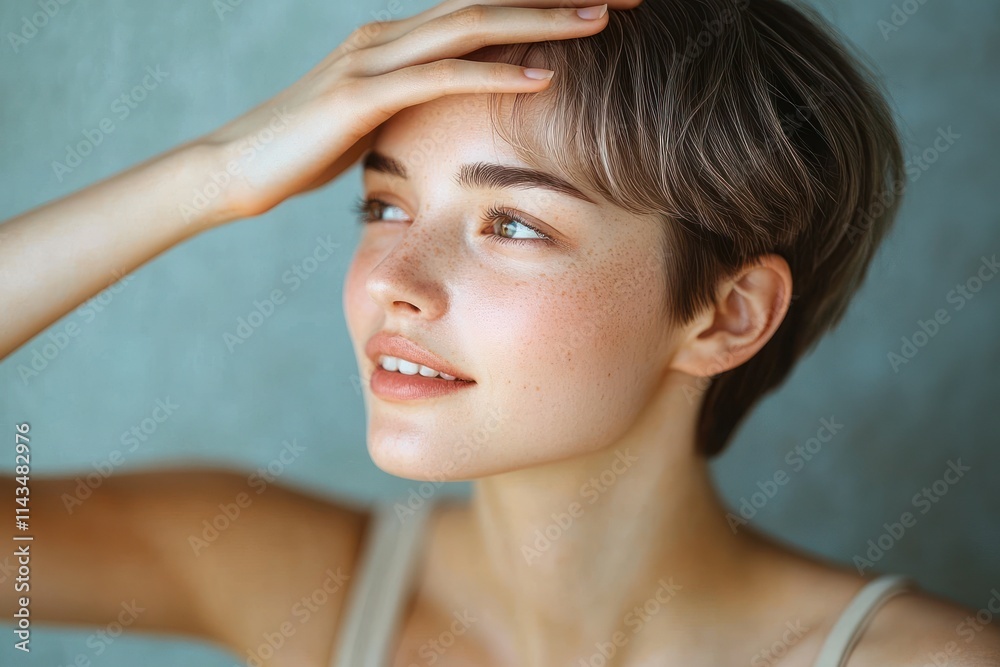 Woman Skincare Natural Light Profile Hands Smiling Middle-Aged Pastel Colors Woman Skincare Natural Light Profile Hands Smiling Middle-Aged Pastel Colors