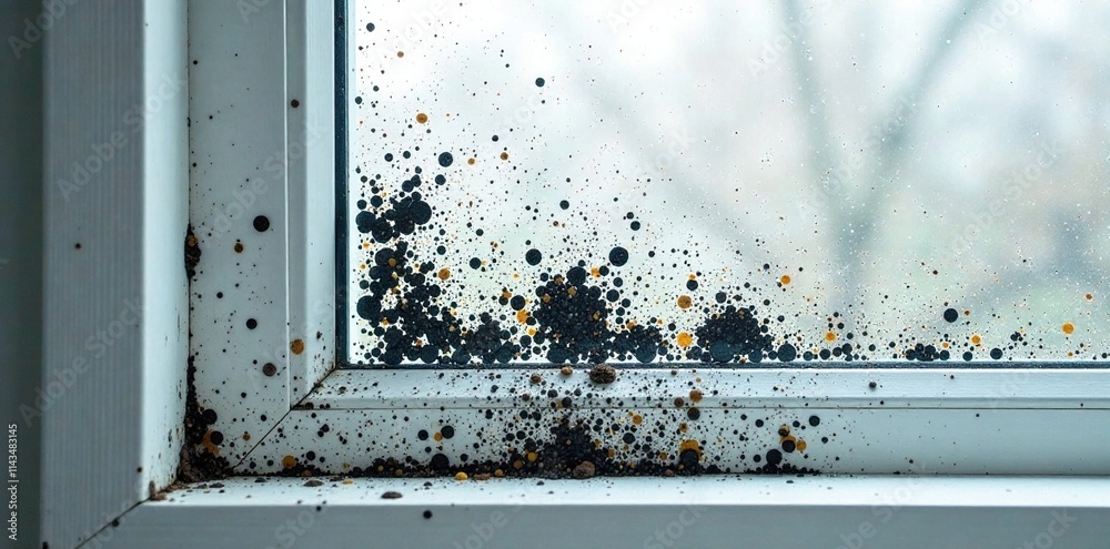 Black mold grows on a white plastic window pane, discoloration, fungus, slimy texture Black mold grows on a white plastic window pane, discoloration, fungus, slimy texture