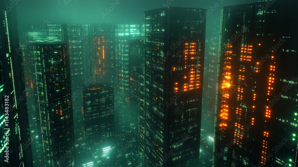 Fototapeta premium Futuristic Cryptocurrency Data Center with Neon Glows and Aerial View